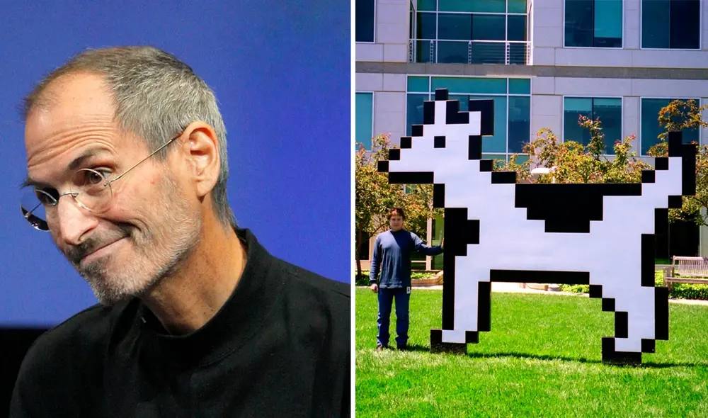 Steve Jobs beside Clarus the Dogcow on the Apple campus