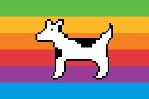 Dogcow on the six-color Apple rainbow